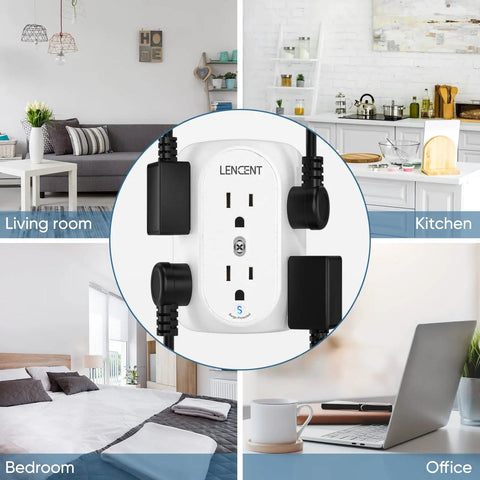 2 Prong To 3 Prong Grounding Outlet Adapter With 6 Wide Outlets shown in living room, kitchen, bedroom, and office settings