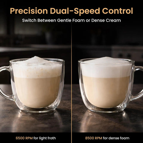 Rechargeable Milk Frother Handheld With Aluminum Body And Stainless Steel Wand, Adjustable Speed, USB C Cable And Stand Included, Delivers Barista Level Foam In Seconds, Ideal Gift For Coffee Lovers demonstrating foam density at 6500 and 8500 rpm.
