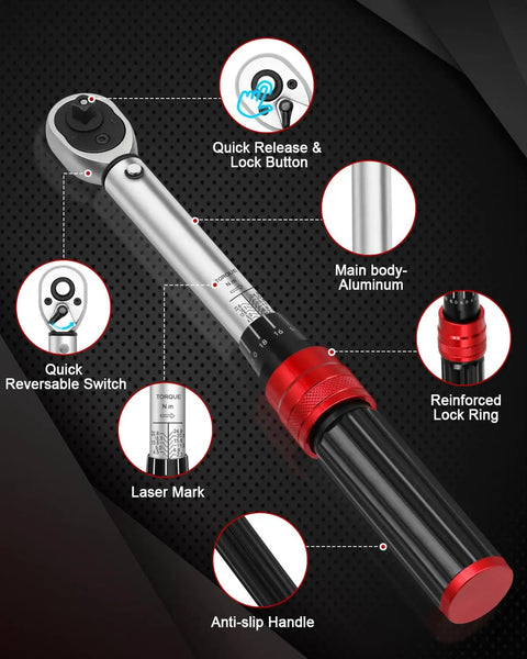 One Quarter Inch Drive Torque Wrench Set With Thirty Two Bit Sockets And Micro Adjustable Click Wrench focus on features and design.