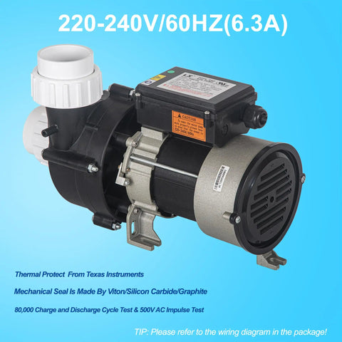 Heavy Duty 1.5 Horsepower Hot Tub Spa Pump Replacement Delivering Sweet Kickin Flow And Power 163 Gallons Per Minute With Two Inch Plumbing For Fast Swap close-up view of pump motor with electrical specifications