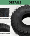 Detailed view of two pack 4.10/3.50-4 tire and inner tube with bent valve stem for lawn mowers and heavy-duty machinery.
