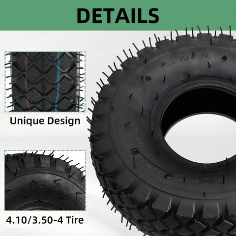 Detailed view of two pack 4.10/3.50-4 tire and inner tube with bent valve stem for lawn mowers and heavy-duty machinery.