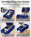 Diagram showing the All In One Door Hinge Jig Kit For Quick Mortises Fits Three To Five Inch Hinges And One Quarter Or Five Eighths Inch Door Thickness Router Template in use.
