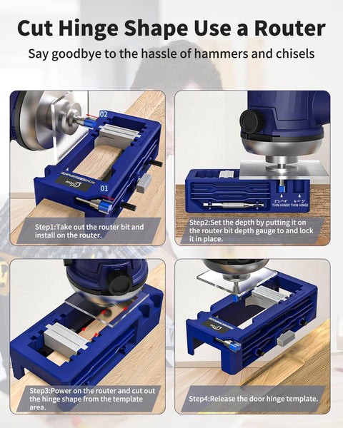 Diagram showing the All In One Door Hinge Jig Kit For Quick Mortises Fits Three To Five Inch Hinges And One Quarter Or Five Eighths Inch Door Thickness Router Template in use.