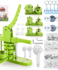 DIY Button Badge Maker Kit 3 In 1 Press with green molds, button parts, fridge magnets, bottle openers, and keychains.