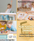 Wooden Sensory Table For Toddlers 1 To 3 With Two Large Storage Bins Four Montessori Activity Boards And Paper Roll shown with children playing.