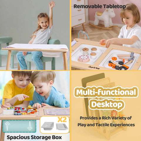 Wooden Sensory Table For Toddlers 1 To 3 With Two Large Storage Bins Four Montessori Activity Boards And Paper Roll shown with children playing.