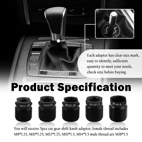Five Piece Aluminum Gear Shift Knob Adapter Kit With Dope Precision Threads For Cars Includes M8x1.25 M10x1.25 M12x1.25 M10x1.5 M14x1.5 Female Adapters And M18x1.5 Male Threads Universal Stick Shift Car Accessories shown with labeled adapters