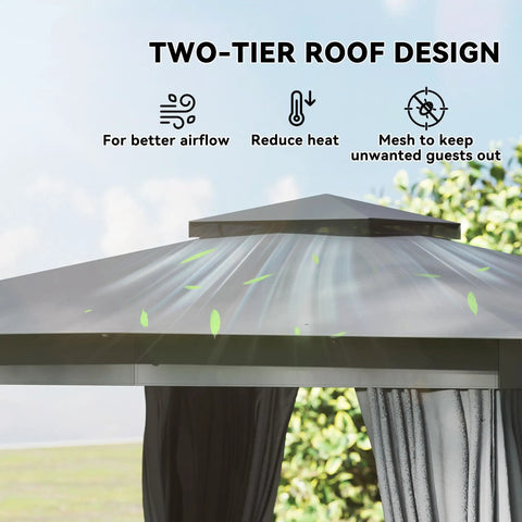 10X10 Outdoor Gazebo With Double Roof For Extra Shade And Ventilation Curtains And Mesh Netting For Bug Free Relaxation