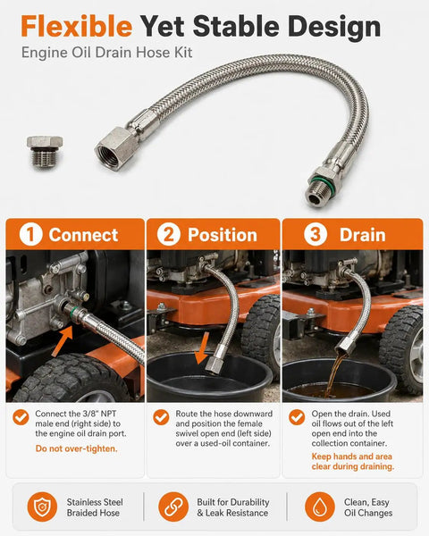 Heavy Duty 3/8 Inch NPT Engine Oil Drain Hose Kit With 18 Inch Extension For Easy Fluid Transfer During Quick Car Maintenance And Routine Service Sessions.