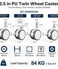 Diagram of 2.5 Inch Twin Wheel Swivel Caster Set for Furniture, Heavy Duty 360 Degree Casters, 11x22mm Grip Ring Stem, M8/M10 Threaded Or 42x42mm Top Plate Mounts