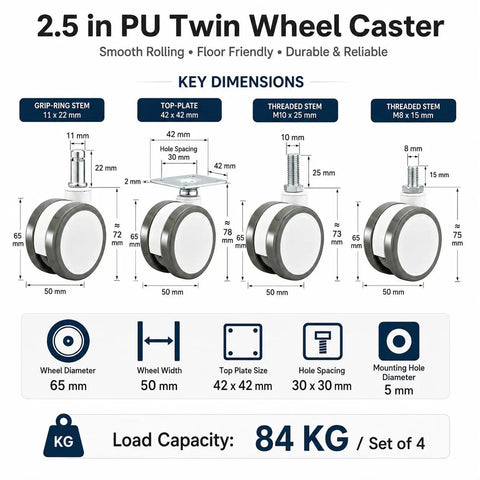 Diagram of 2.5 Inch Twin Wheel Swivel Caster Set for Furniture, Heavy Duty 360 Degree Casters, 11x22mm Grip Ring Stem, M8/M10 Threaded Or 42x42mm Top Plate Mounts