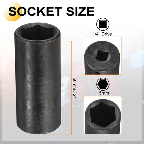 HARFINGTON Deep 15mm Metric Impact Socket With 1/4 Inch Drive And Hex Adapter Made From Heavy Duty CR-V Steel For Tough Jobs And Quick Repairs On Any Project Around The Garage, 50mm deep