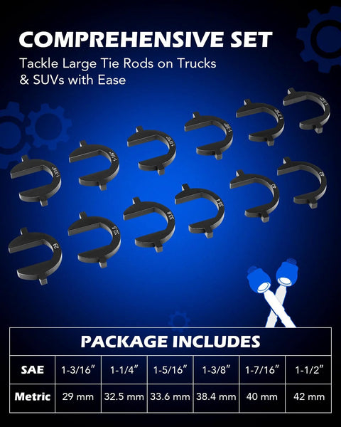 Orion Motor Tech inner tie rod removal tool kit with 12 crowfoot adapters, 1/2 in drive, black tools on blue background