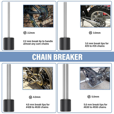 Amazon chain breaker tool kit for motorcycles, 18-piece steel set with black handle; 2.2-5.0 mm break tips.