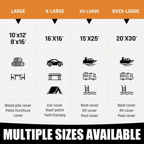 Size chart for 10x12Ft Heavy Duty Tarp With 10 Mil Thickness Waterproof Tear Resistant Poly Tarp With Reinforced Edges And Brass Grommets