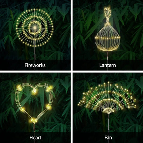 Solar Powered Firework Garden Lights 4 Pack With 120 LED Starburst String 8 Modes Remote Control Flexible Copper Wire