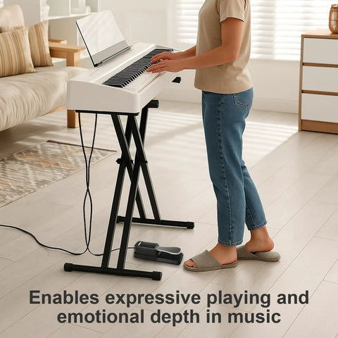 Universal Sustain Pedal For Keyboard With Polarity Switch Beefy Workhorse Premium Alloy Construction visible under a digital piano