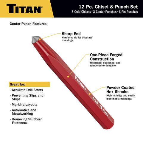 12-Piece Chisel And Punch Set Pro Grade Heavy Duty Tools With Cold Chisels Center Punches And Pin Punches One-Piece Forged Construction