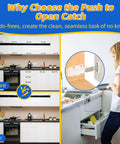 Image showing before and after of kitchen cabinets using Slick Magnetic Push To Open Cabinet Latches Handle Free Touch Catch Heavy Duty Spring Loaded Drawer Closer No Sweat Setup For Rv Or Modern Closet Hardware 2 Pack.