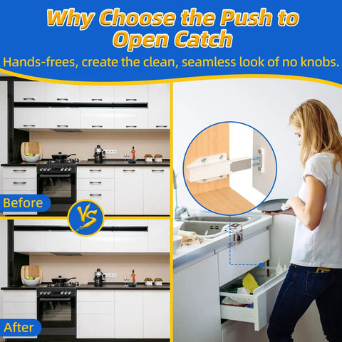Image showing before and after of kitchen cabinets using Slick Magnetic Push To Open Cabinet Latches Handle Free Touch Catch Heavy Duty Spring Loaded Drawer Closer No Sweat Setup For Rv Or Modern Closet Hardware 2 Pack.