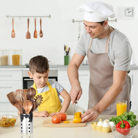 Father and son cooking with Must Have Go To Kitchen Utensil Set With Holder Natural Teak Wood Tools For Cooking on counter.