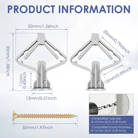 Heavy Duty Drywall Anchor Kit With 30 Self Tapping Screws For Hollow Walls Butterfly Expansion Fasteners dimensional details