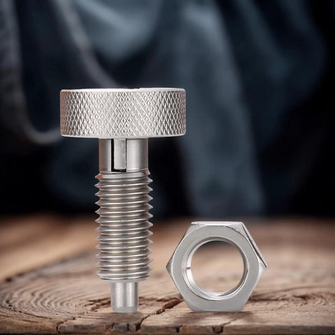 Heavy Duty M16 Stainless Steel Spring Plungers With Hex Nuts And Knurled Handles, close-up of hex nut and knurled plunger.
