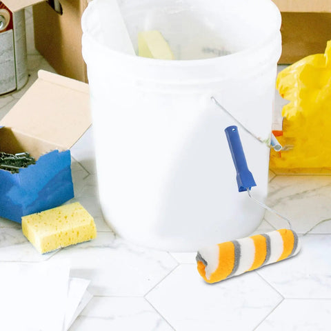 No Sweat Chemical Fiber Paint Roller For Smooth Ceiling Jobs And Easy Interior Decorating With Pro Level Lines And Zero Fuss Application For Quick Diy Makeovers And Touch Ups and paint supplies on floor.
