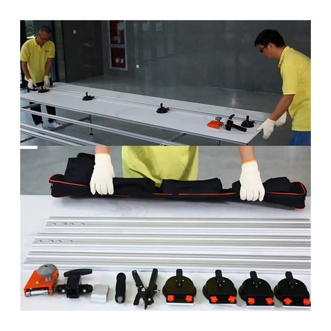 Two users setting up the Heavy Duty 3200Mm Manual Tile Cutter For Large Format Porcelain Stoneware with sliding rails.