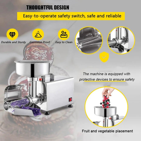 Premium 220 Stainless Steel Commercial Electric Food Strainer And Press Machine For Puree, Sauce, And Juice Making with safety switch.