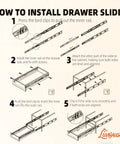 Installation steps for a pair of 12 inch full extension drawer slides for kitchen cabinets with side mount runners and screws.