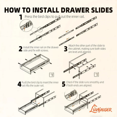 How to install Heavy Duty Full Extension Drawer Slides with Rock Solid Side Mount Build illustrated step-by-step guide.