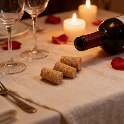 25 Pack Natural Soft Wood Corks, Tapered Bottle Stoppers on elegant dining table with wine and candles