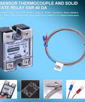 Digital Display PID Temperature Controller Thermostat Regulator With SSR 40DA, K Type Thermocouple, Heat Sink, 85-265VAC, 2m Thermocouple Cable, Fahrenheit Ready, showing SSR relay and thermocouple close-up.