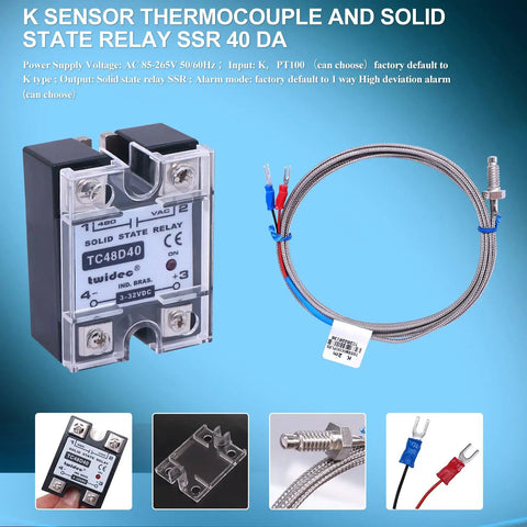 Digital Display PID Temperature Controller Thermostat Regulator With SSR 40DA, K Type Thermocouple, Heat Sink, 85-265VAC, 2m Thermocouple Cable, Fahrenheit Ready, showing SSR relay and thermocouple close-up.