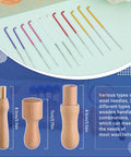 Felting Kit for DIYers and Crafters Includes 6x6 Felt Pad, 40 Assorted Needles shown with wooden handles for wool felting.