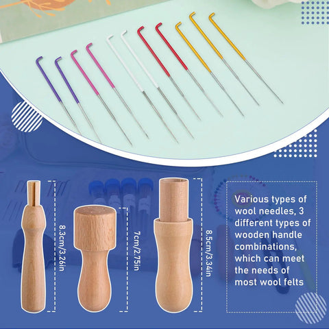 Felting Kit for DIYers and Crafters Includes 6x6 Felt Pad, 40 Assorted Needles shown with wooden handles for wool felting.