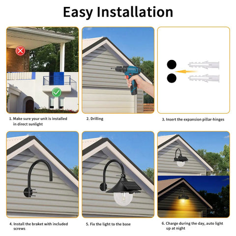 Step-by-step guide for installing Solar Barn Light With Vintage Outdoor Lantern Look on a house exterior under eaves.