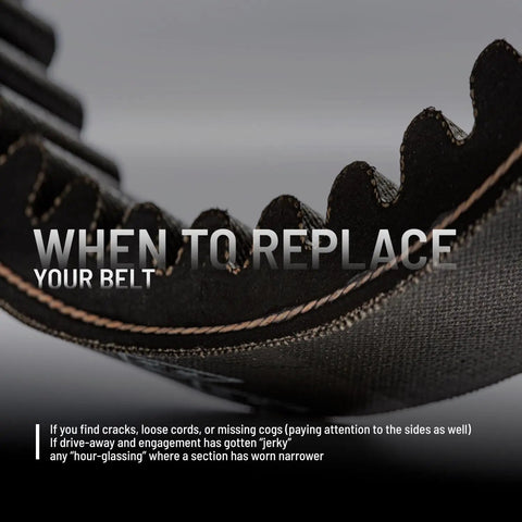 Close-up of a worn OEM CVT Drive Belt for RZR Models 3211202 showing signs of wear and replacement guidelines.