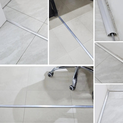 Durable Aluminum Alloy Cable Concealing Cover Kit, shown in use on tiled floors, showcasing cable organization and management.