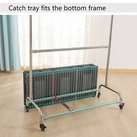 26 Inch Stainless Steel Broom And Mop Holder Rack With Built In Water Basin, showing frame with wheels