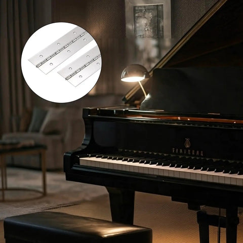 Heavy Duty Piano Hinge 24 X 2 Inch 304 Stainless Steel Continuous Hinge 2 Pack shown near a grand piano.