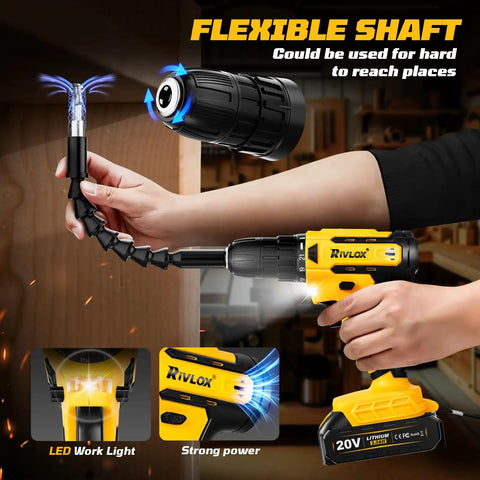 Person using 20V Cordless Drill Set With 2.0Ah Batteries, Pure Copper Motor, 30Nm Torque, flexible shaft, in workshop.