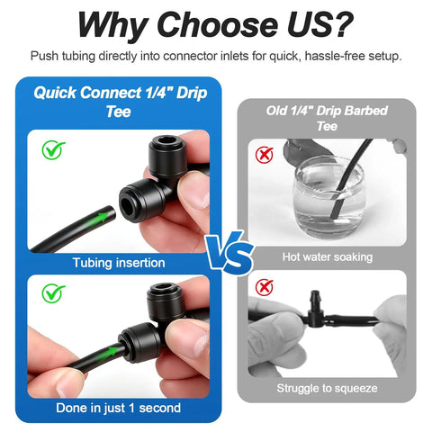 Comparison of 35 Pack 1/4 Inch Drip Irrigation Tee Fittings Quick Connect Push-To-Fit vs old barbed tee showing ease of use.