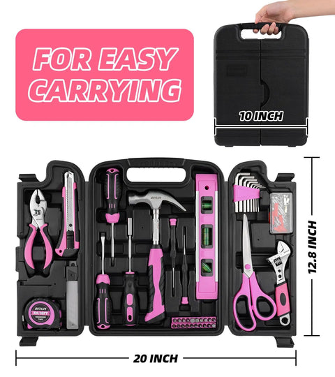 Stylish 131-Piece Pink Tool Kit for Women with Essential Hand Tools Like Hammer, Adjustable Wrench, Pliers, Screwdrivers, and Scissors
