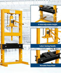 Heavy Duty 6 Ton Hydraulic Shop Press With Sturdy H Frame Design featuring 4-hole adjustable height and movable press plate.