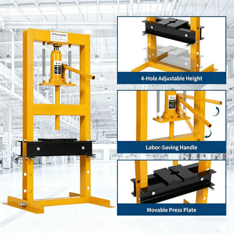 Heavy Duty 6 Ton Hydraulic Shop Press With Sturdy H Frame Design featuring 4-hole adjustable height and movable press plate.