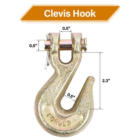 Forged gold-tone clevis hook for 3/8 in G80 chain; heavy-duty trailer/binder use