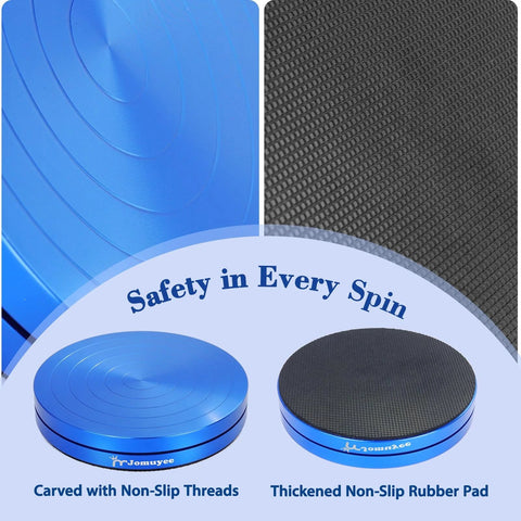 Front view of blue metal Jomuyee spinning disc for pirouette training with non-slip grooves; paired with rubber-padded disc.